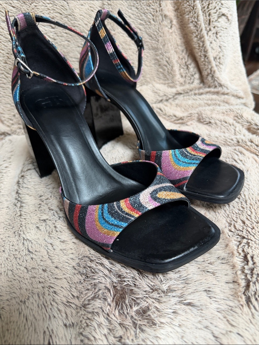 Gianni Bini Black Block Heel Sandals with Glitter Rainbow Stripes